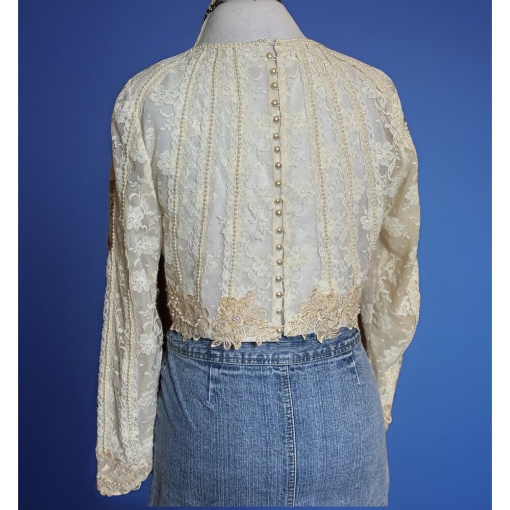 Vintage Sheer Lace 80s Cropped Beaded Top | Romantic Victorian | Bridal | Boho